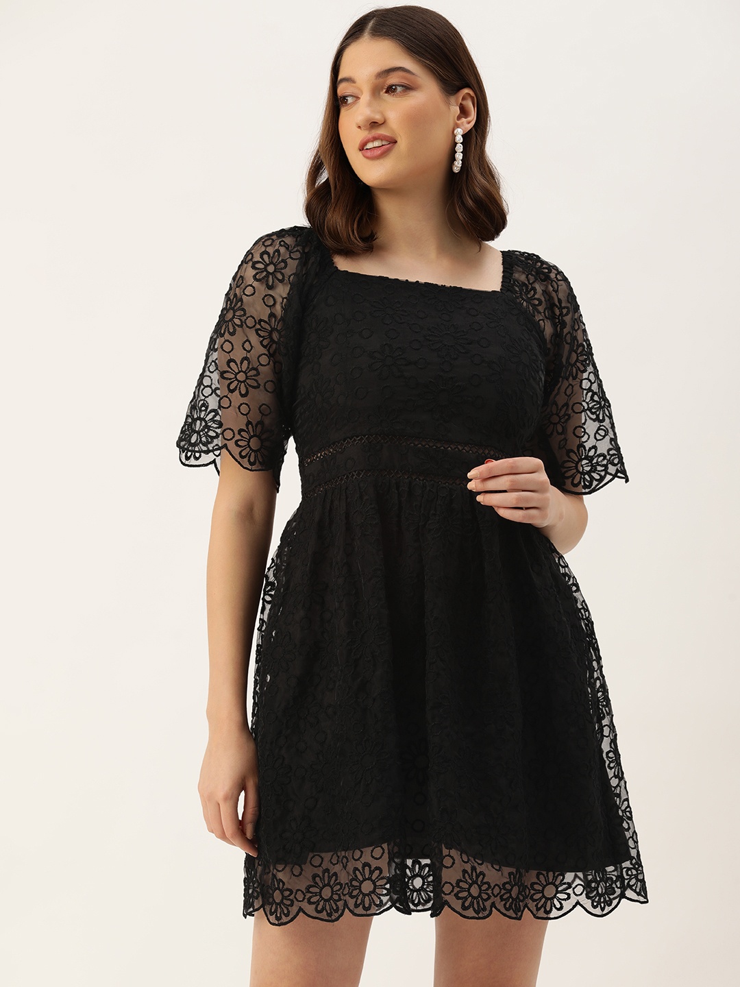 

ROVING MODE Floral Embroidered Flared Sleeves Fit & Flare Mini Dress, Black
