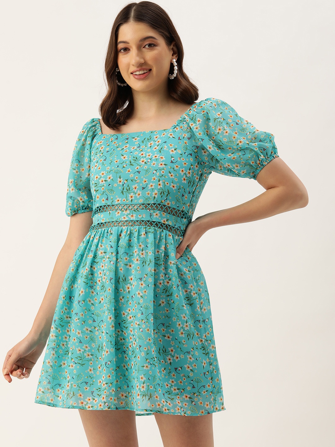 

ROVING MODE Floral Print Puff Sleeves Fit & Flare Mini Dress, Sea green