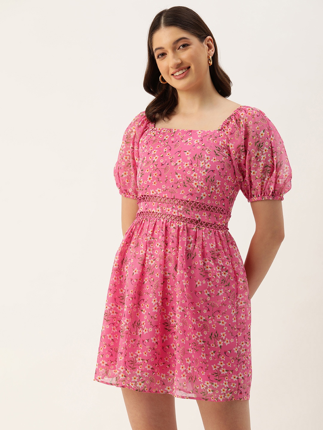 

ROVING MODE Floral Print Puff Sleeves Fit & Flare Mini Dress, Pink