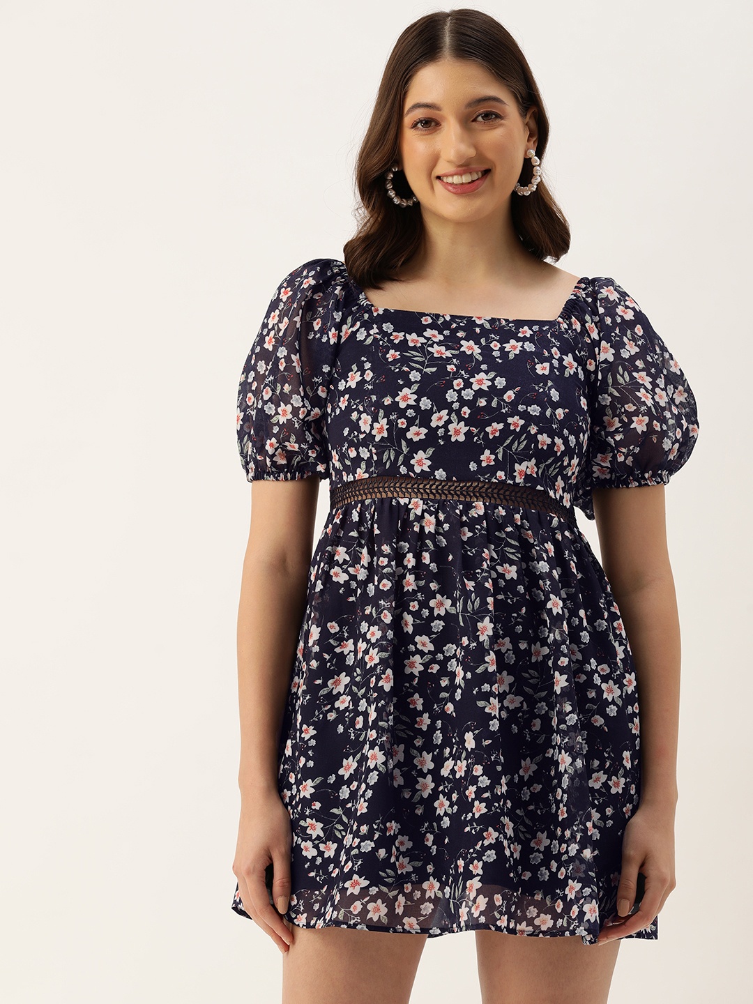 

ROVING MODE Floral Print Puff Sleeves Fit & Flare Mini Dress, Navy blue