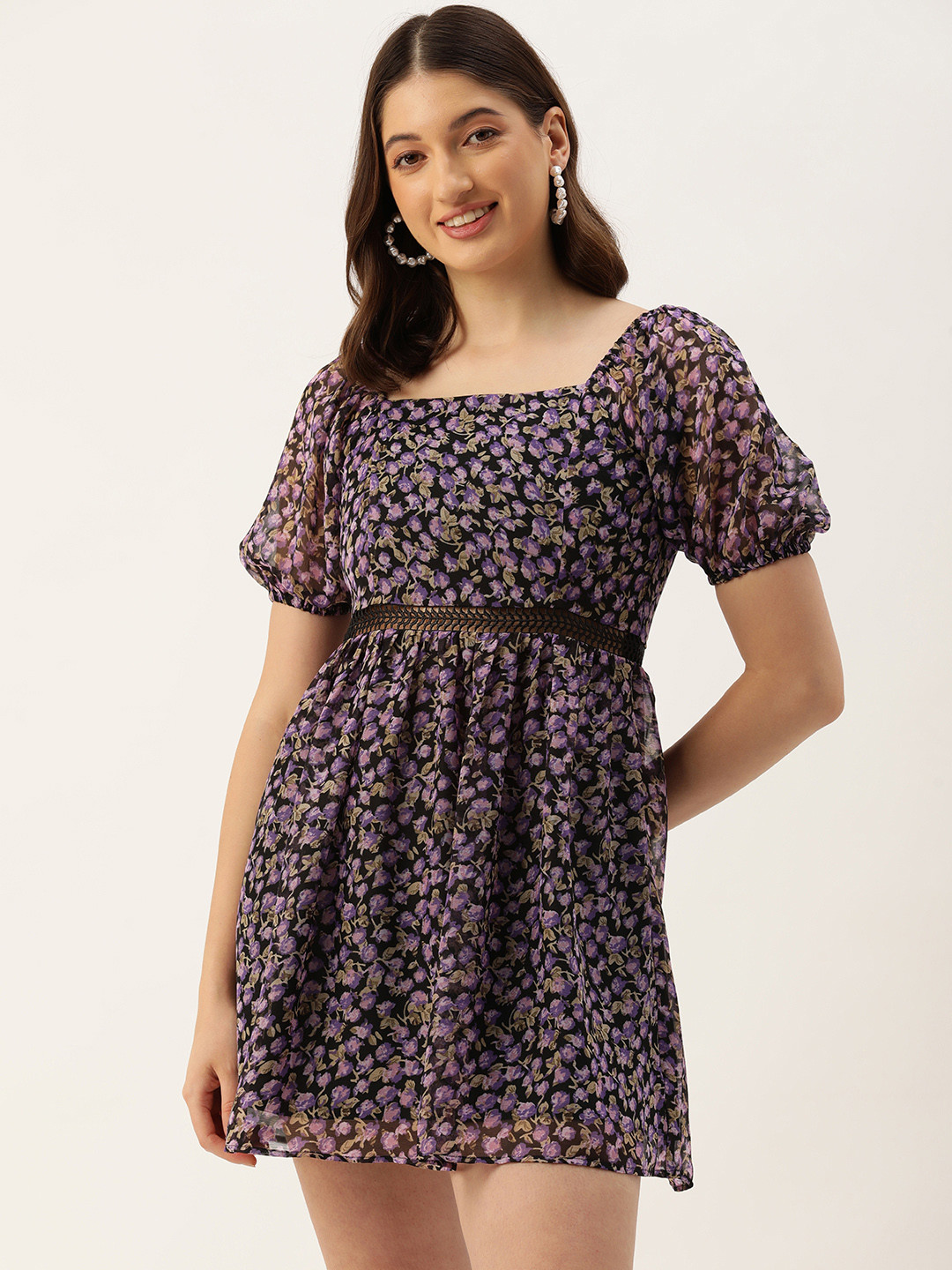 

ROVING MODE Floral Print Puff Sleeves Fit & Flare Mini Dress, Black