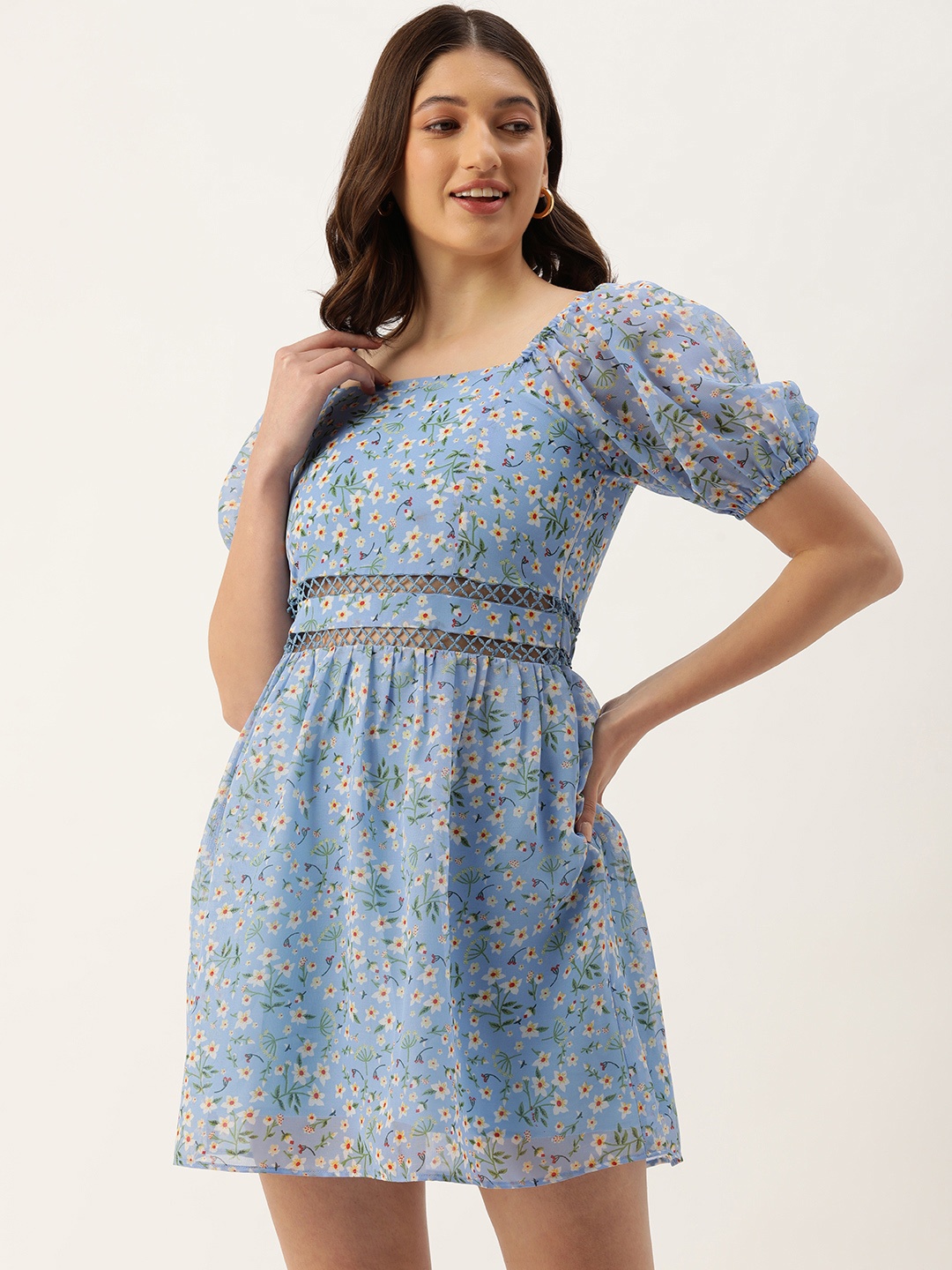 

ROVING MODE Floral Print Puff Sleeves Fit & Flare Mini Dress, Blue