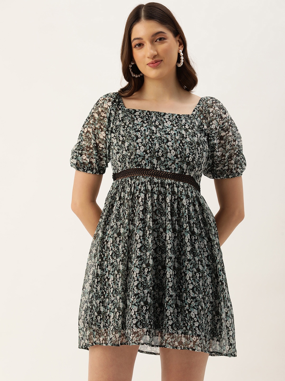 

ROVING MODE Floral Print Puff Sleeve Fit & Flare Mini Dress, Multi
