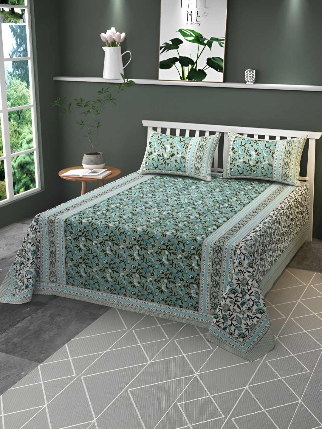 

CLIO'S HERITAGE STORE Green Ethnic Motifs 210 TC Cotton King Bedsheet With 2 Pillow Covers