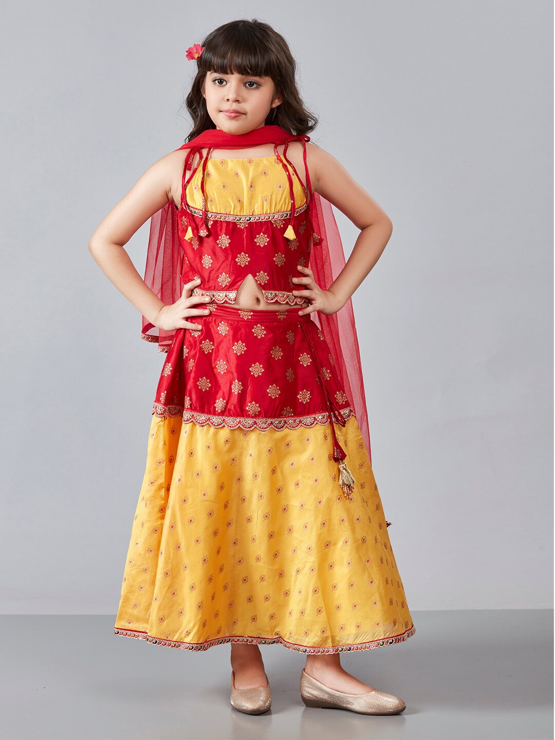 

Lil Peacock Girls Embellished Beads & Stones Ready to Wear Lehenga & Blouse With Dupatta, Yellow