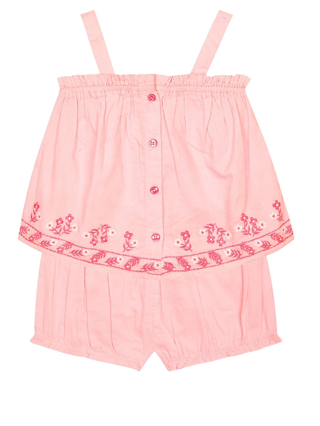

Budding Bees Girls Emrbroidered Pure Cotton Top with Shorts, Pink