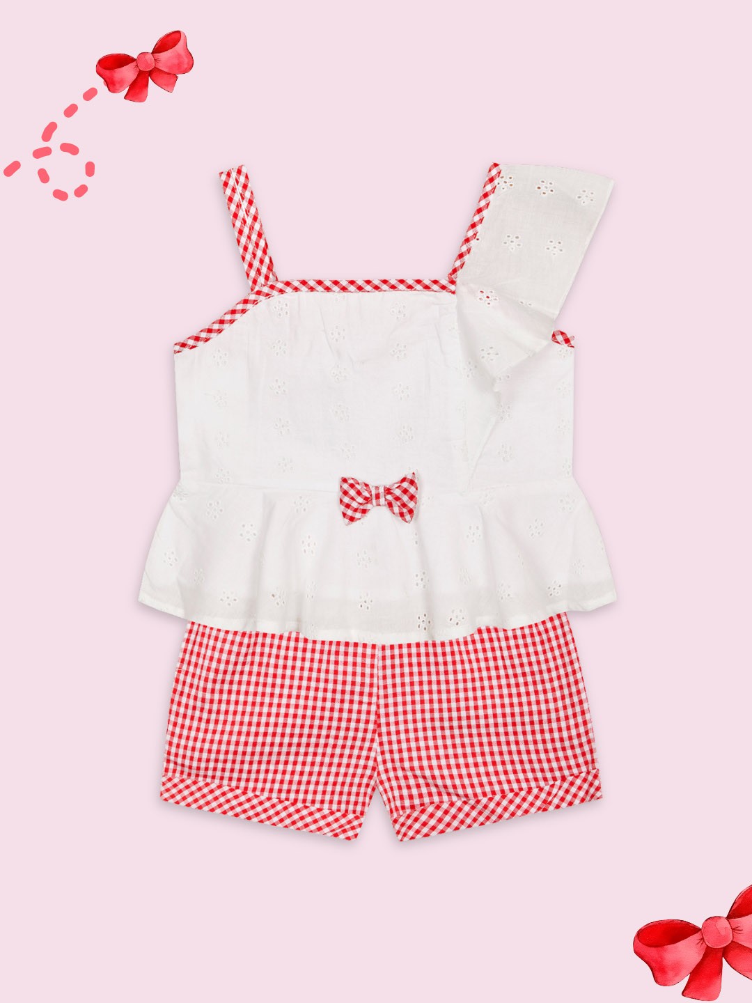 

Budding Bees Girls Schiffli Self Design Pure Cotton Top with Shorts, White