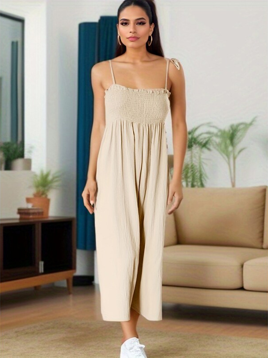 

StyleCast Beige Smocked Sleeveless Basic Jumpsuit