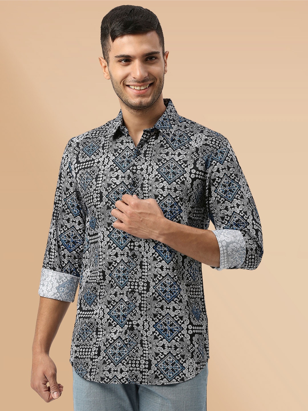 

Berkshire Smart Slim Fit Ethnic Motifs Printed Cotton Casual Shirt, Black