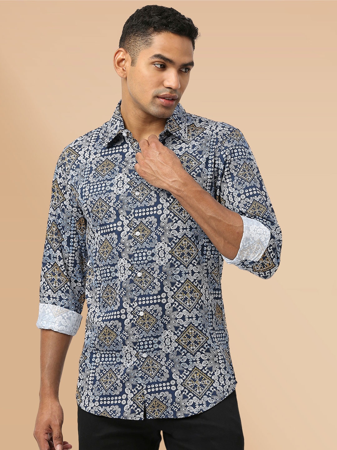 

Berkshire Smart Slim Fit Ethnic Motifs Printed Cotton Casual Shirt, Blue