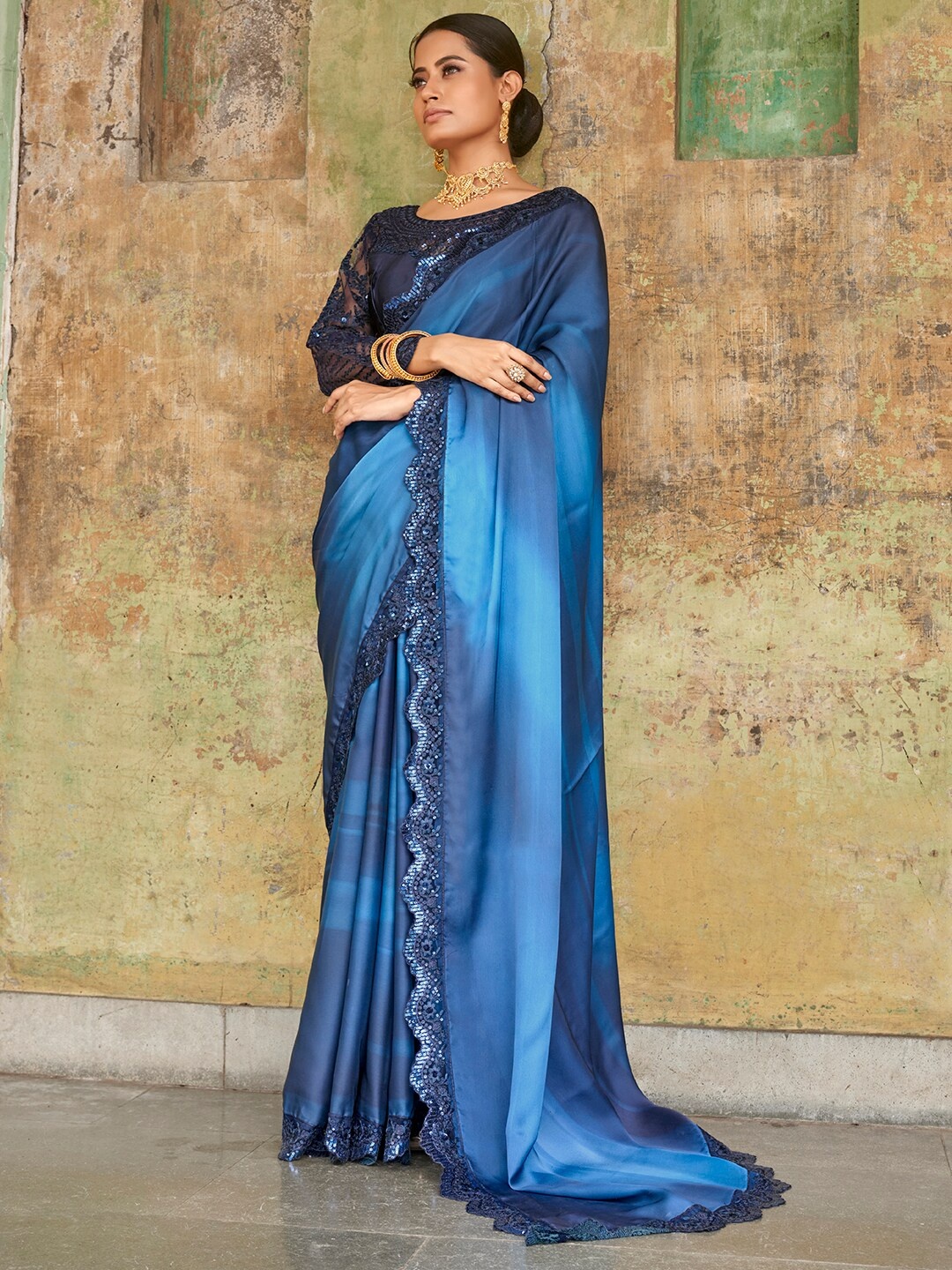 

Zeel Clothing Sequinned Satin Saree, Navy blue