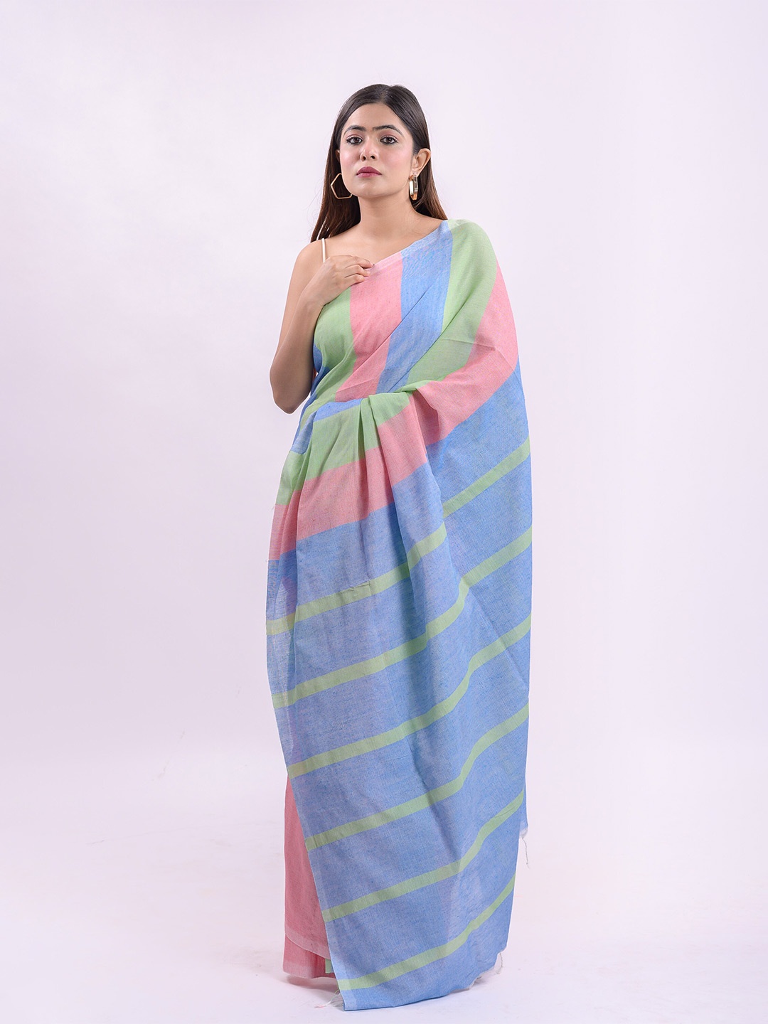 

RODDUR Striped Pure Cotton Saree, Pink