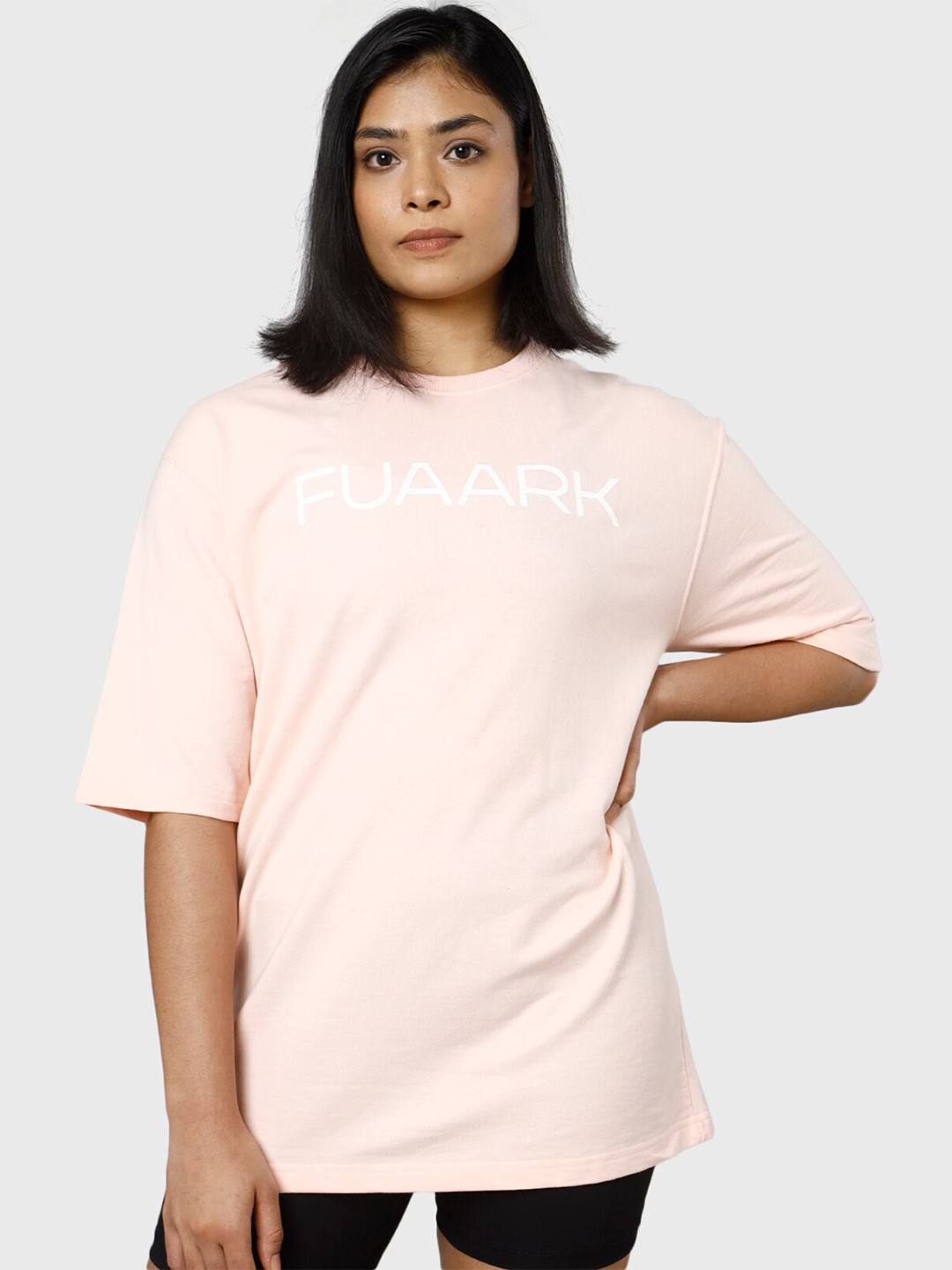 

FUAARK Printed Drop-Shoulder Sleeves Moisture Wicking Longline Oversized T-shirt, Pink