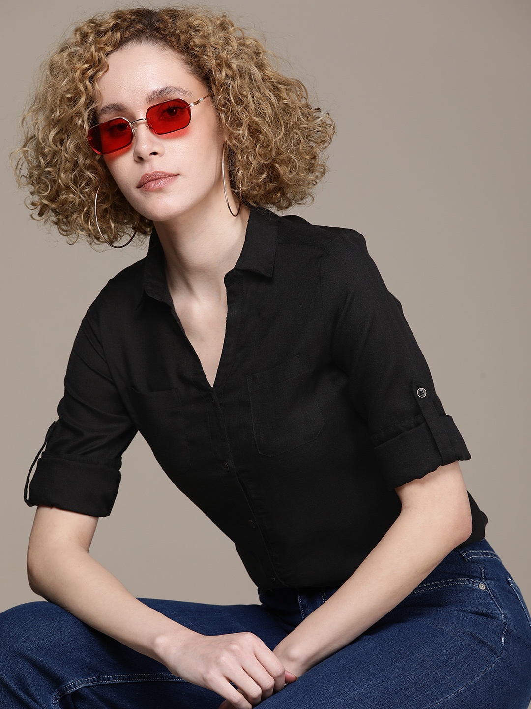 

Roadster Roll-Up Sleeves Shirt Style Top, Black