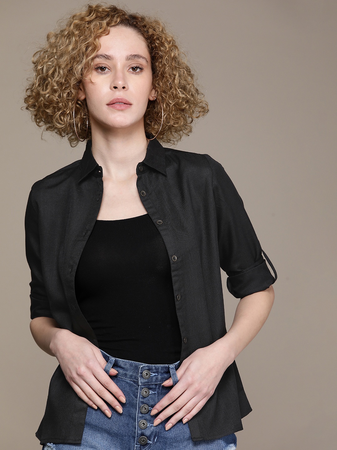 

Roadster Roll-Up Sleeves Shirt Style Top, Black