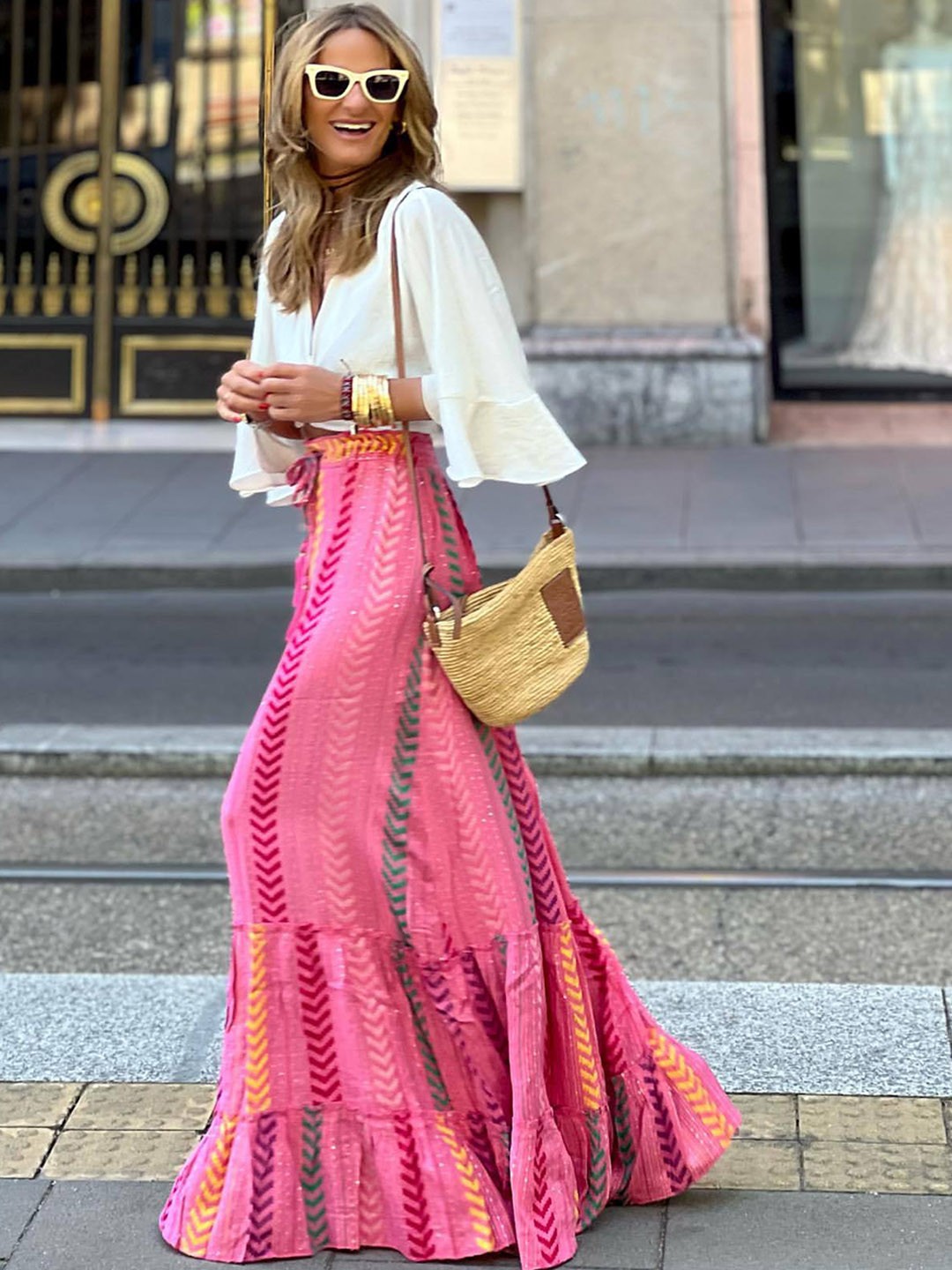 

StyleCast Pink Geometric Printed Maxi Flared Skirt