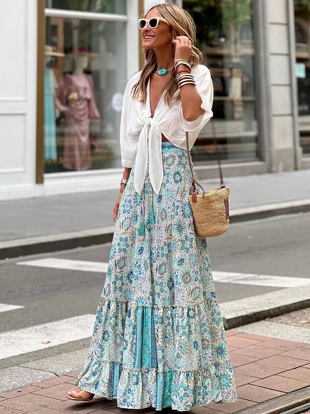 

StyleCast White Floral Printed Maxi Tiered Skirt