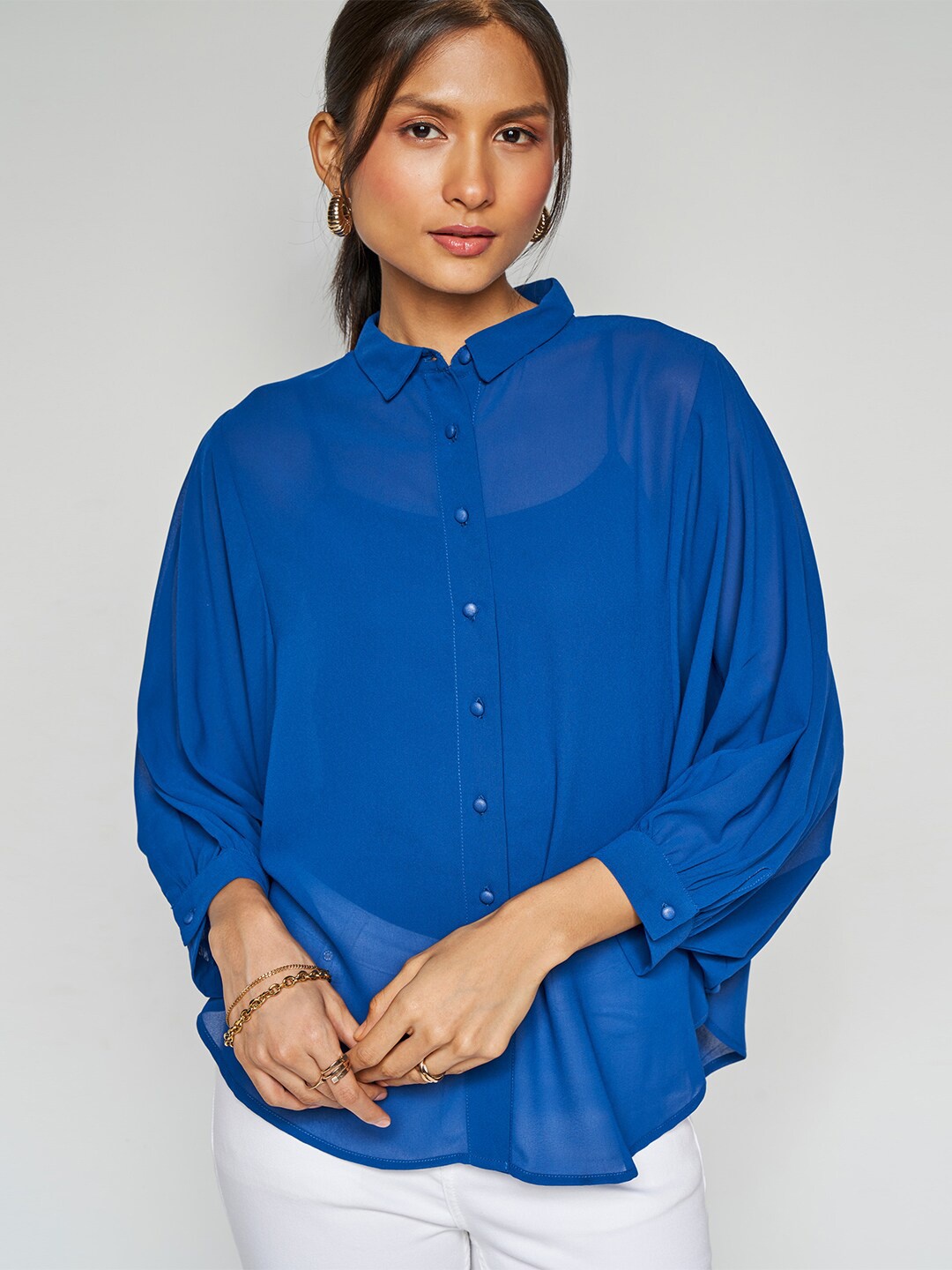 

AND Cuffed Sleeves Shirt Style Top, Blue