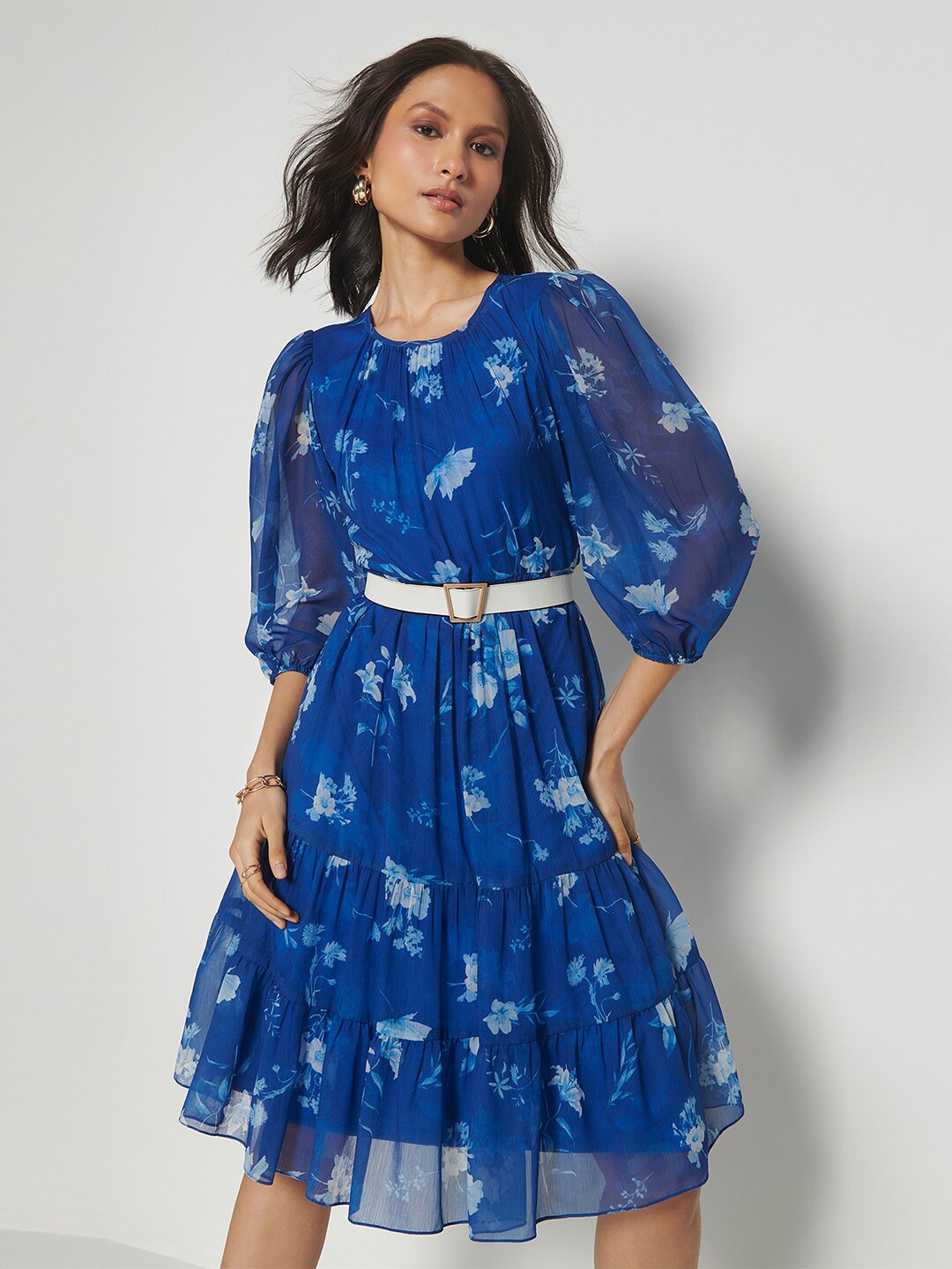 

AND Floral Printed Puff Sleeves Gathered Detailed Fit & Flare Dress, Blue