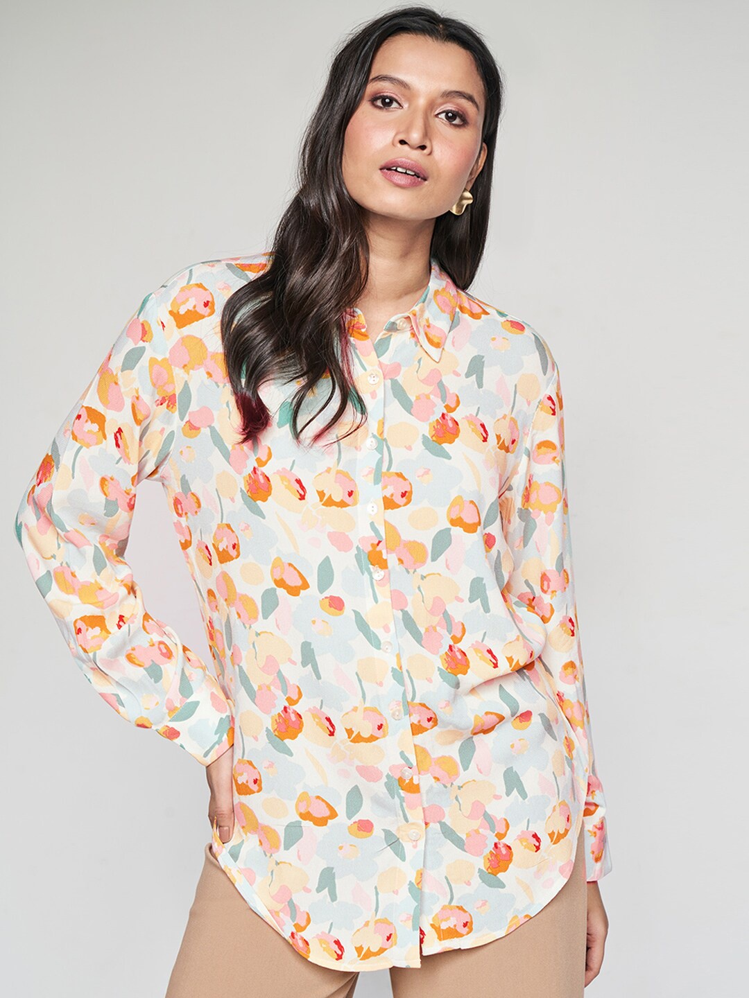 

AND Floral Printed Cuffed Sleeves Shirt Style Top, Yellow