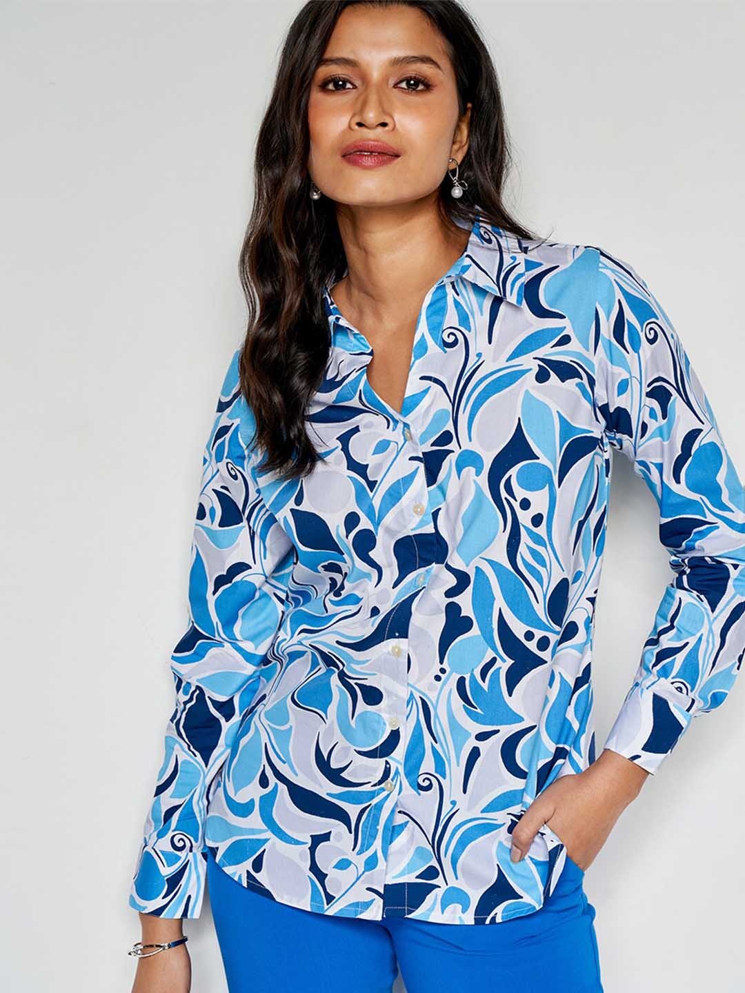 

AND Abstract Printed Long Sleeves Cotton Shirt Style Top, Blue