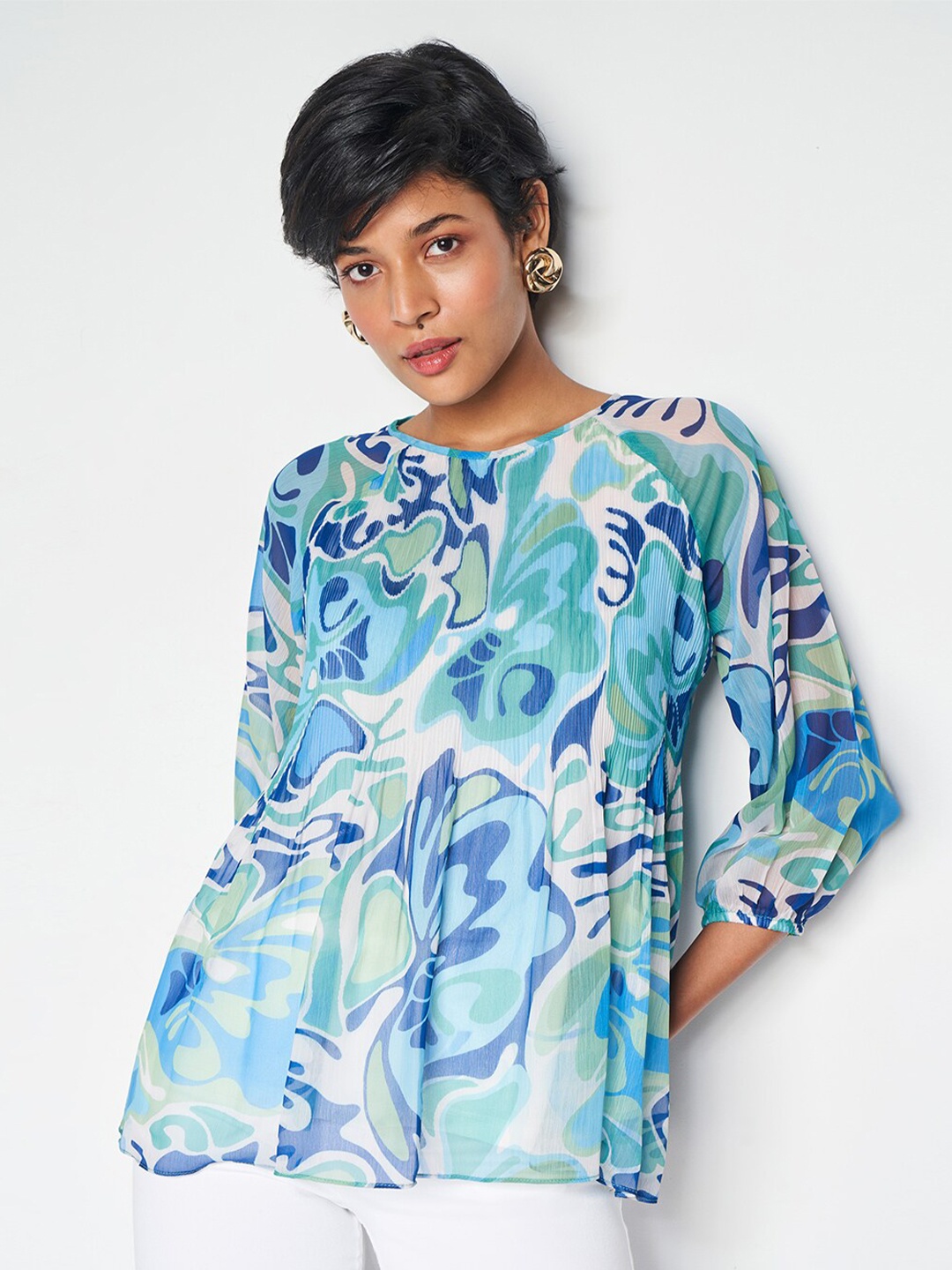 

AND Floral Printed Puff Sleeves Top, Blue