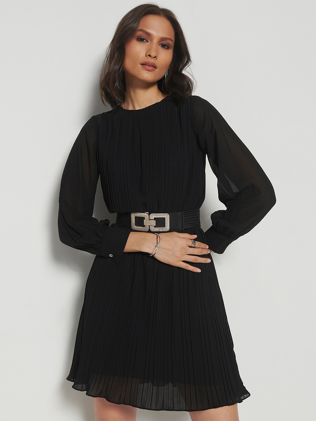 

AND Cuffed Sleeves Accordion Pleated A-Line Dress, Black
