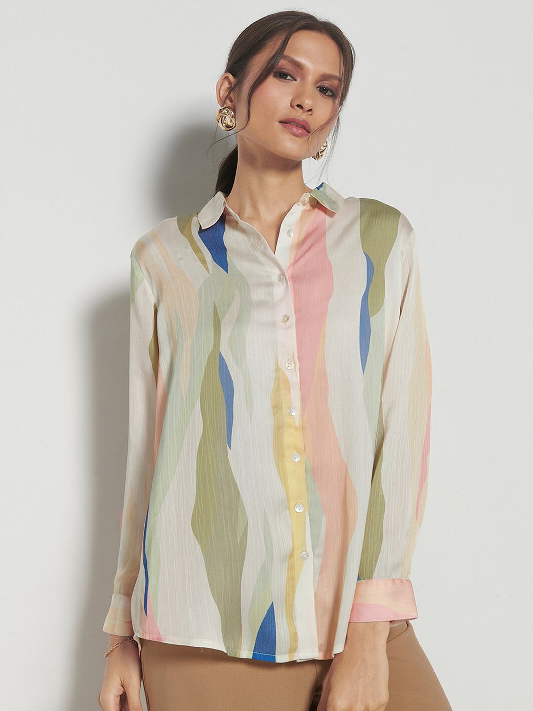 

AND Striped Cuffed Sleeves Shirt Style Top, Cream