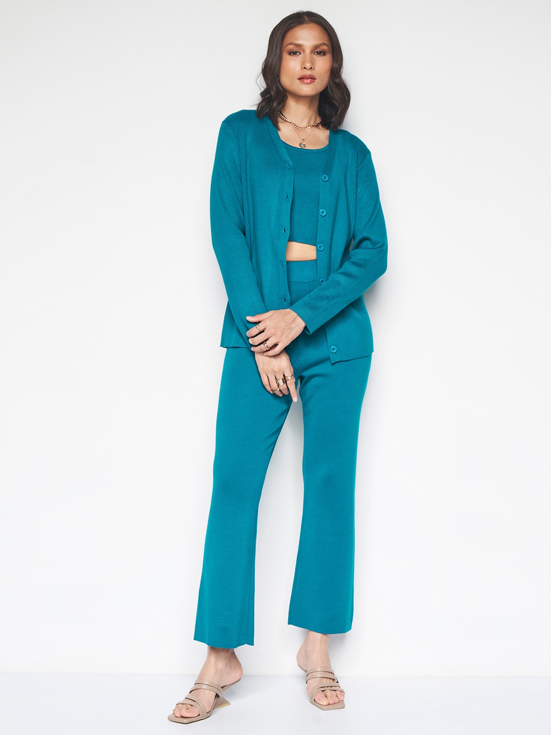 

And Women Solid Top with Trousers & Jacket, Teal