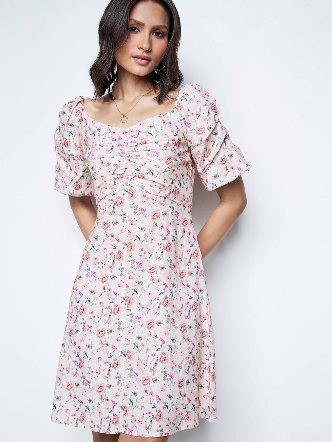 

AND Floral Printed V-Neck Gathered Detailed A-Line Dress, Pink
