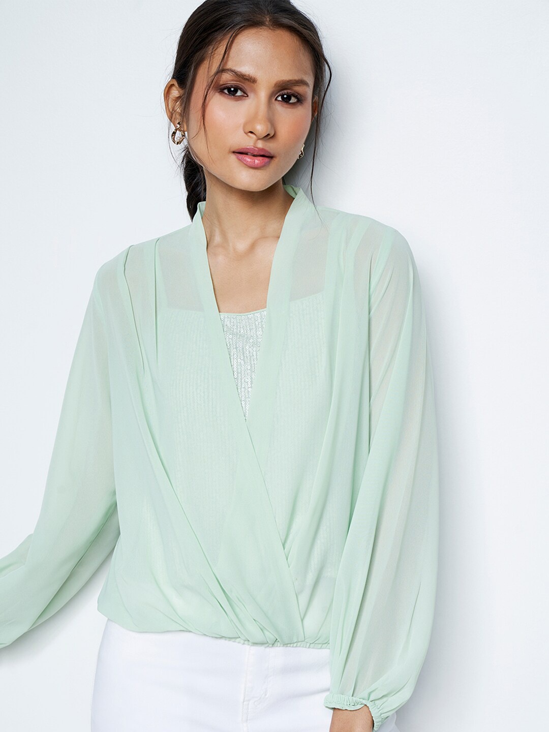 

AND Embellished Puff Sleeves Gathered Detailed Wrap Top, Green