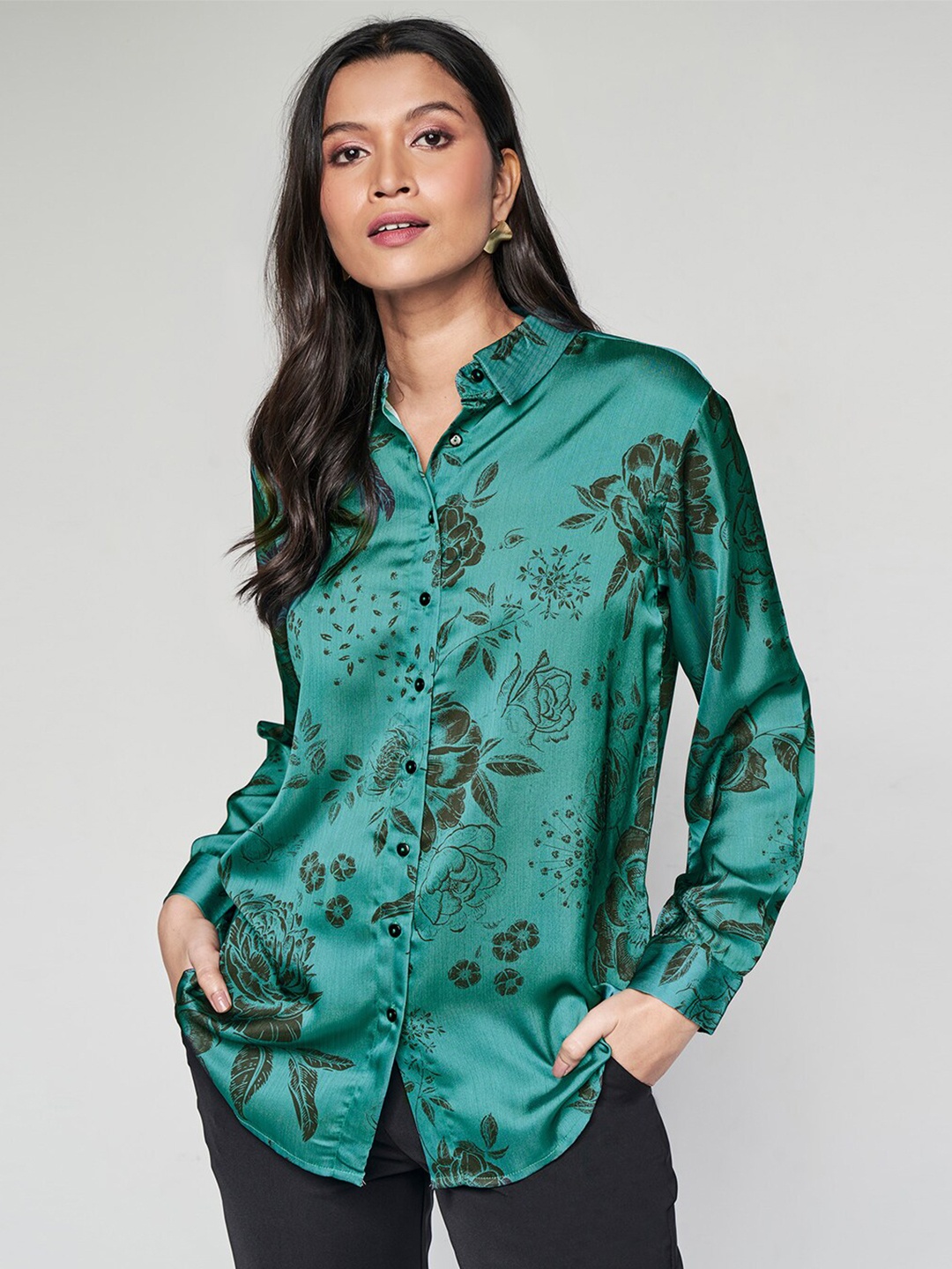 

AND Floral Printed Spread Collar Casual Shirt, Green