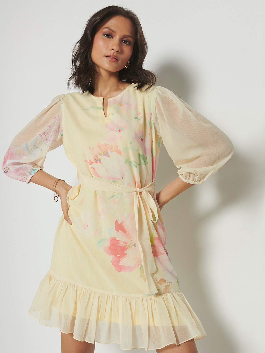 

AND Floral Printed Puff Sleeves Gathered Detailed A-Line Dress, Yellow