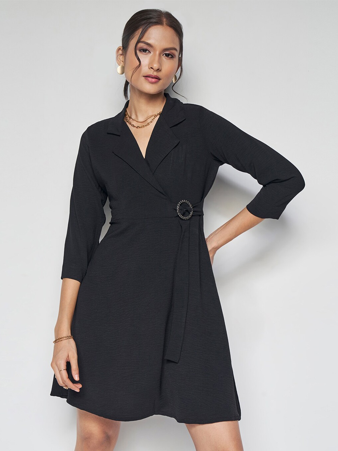 

AND Lapel Collar Fit & Flare Dress, Black