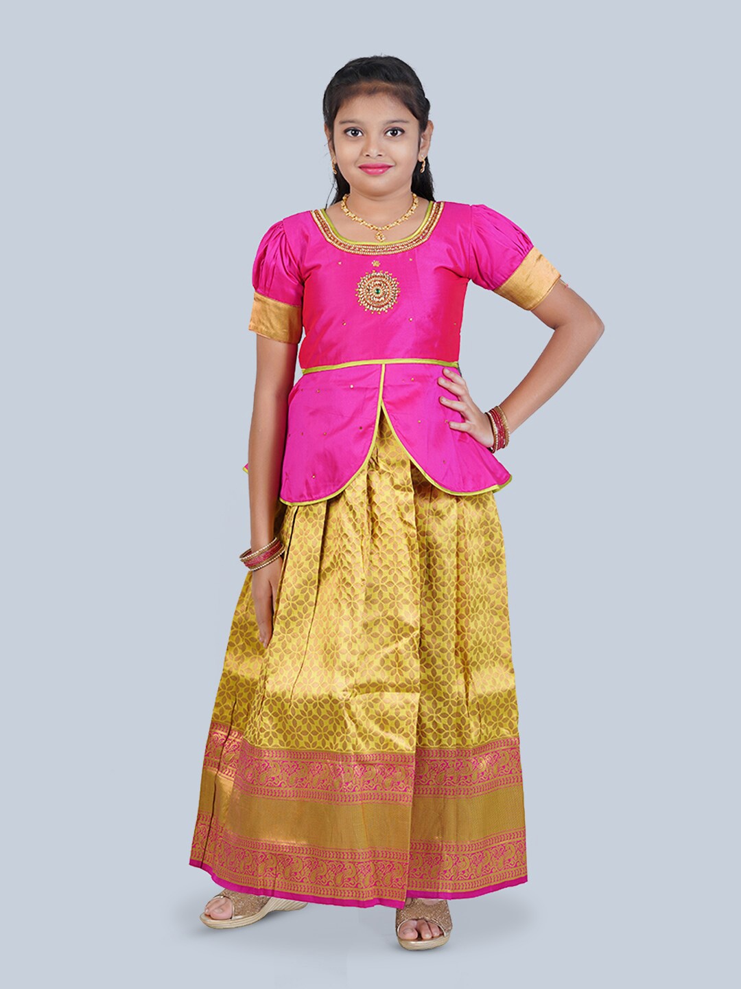 

Kanakadara Girls Woven Designed Beads and Stones Ready To Wear Lehenga Choli, Pink