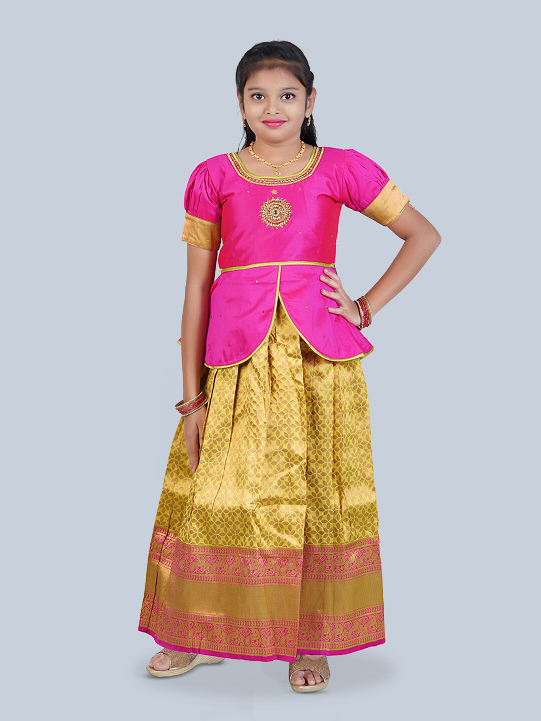 

Kanakadara Girls Embroidered Ready to Wear Lehenga Choli, Pink