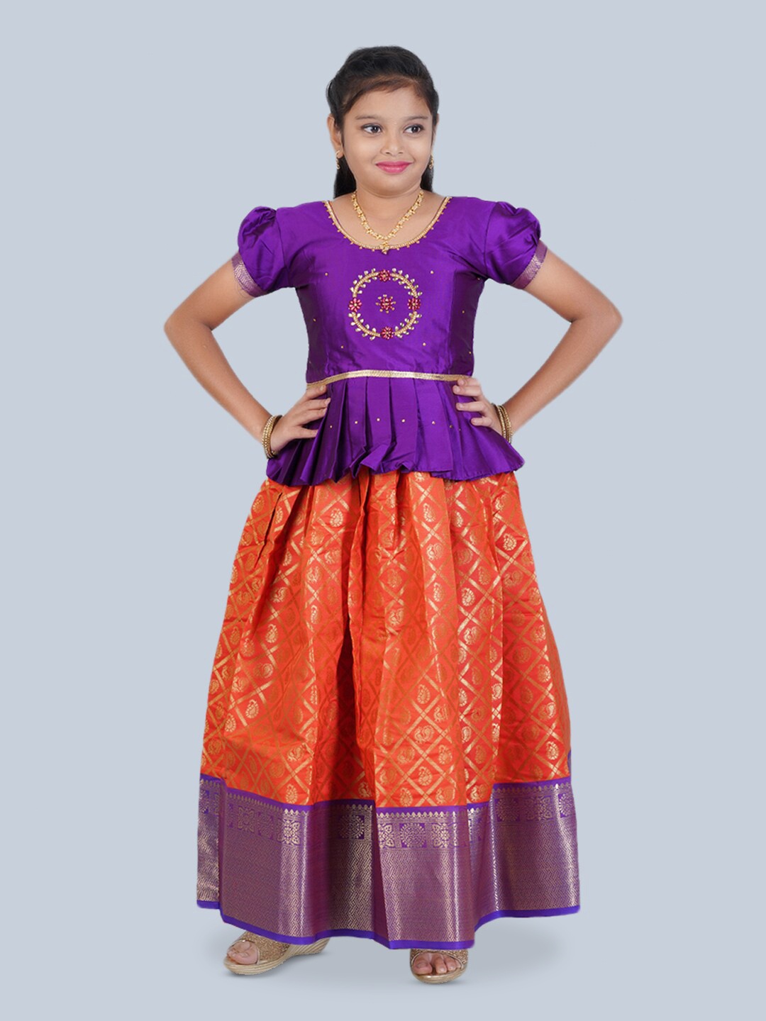 

Kanakadara Girls Embellished Beads and Stones Ready to Wear Lehenga Choli, Purple