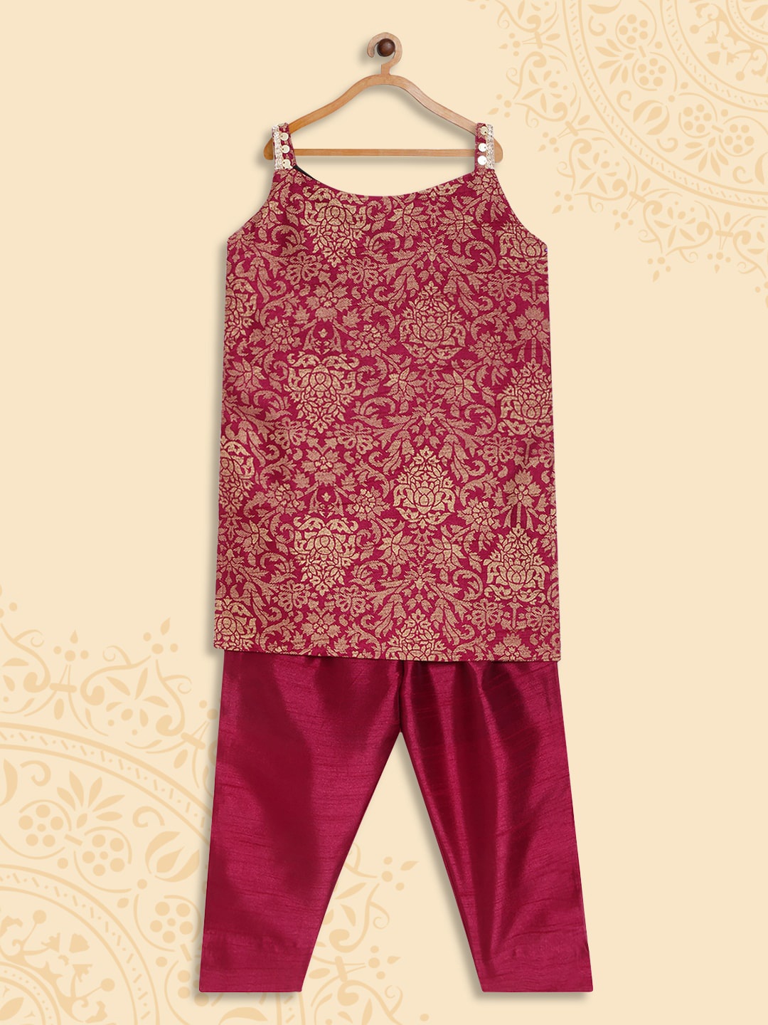 

AHALYAA KIDS Girls Ethnic Motifs Printed Sequined Art Silk Kurta With Trouser, Burgundy