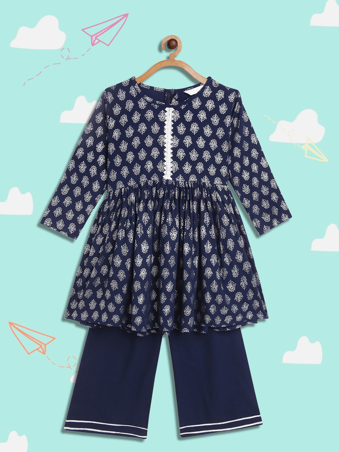 

AHALYAA KIDS Girls Printed Tunic with Palazzos, Navy blue
