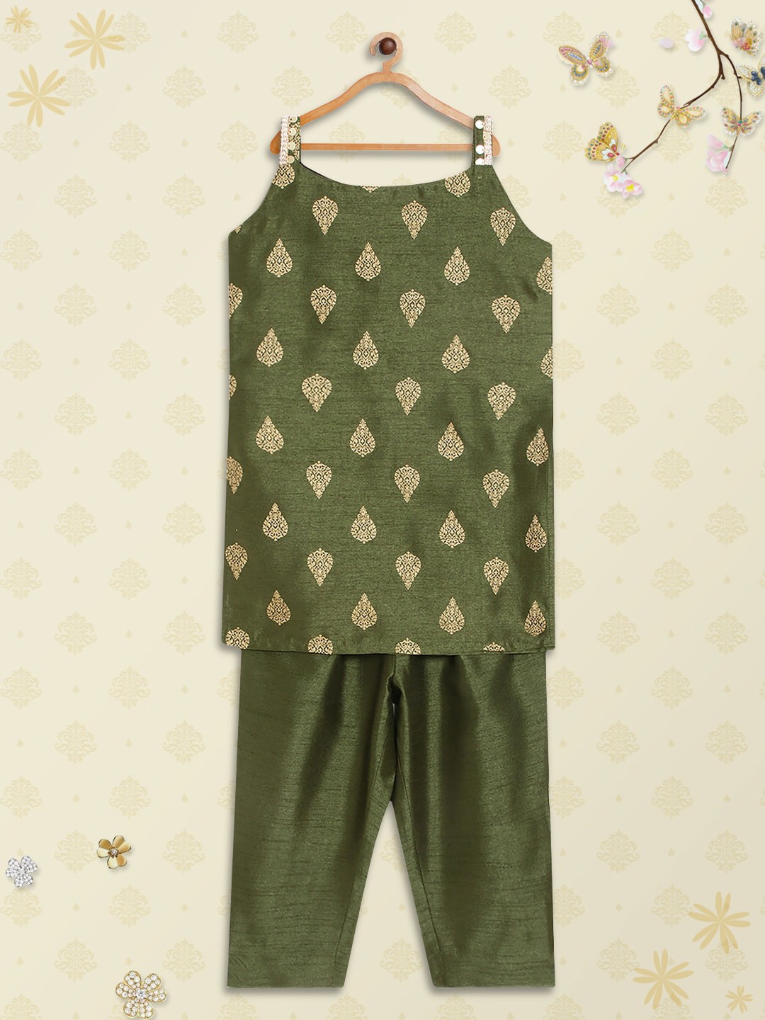 

AHALYAA KIDS Girls Ethnic Motifs Printed Sequinned Kurti With Trousers, Green