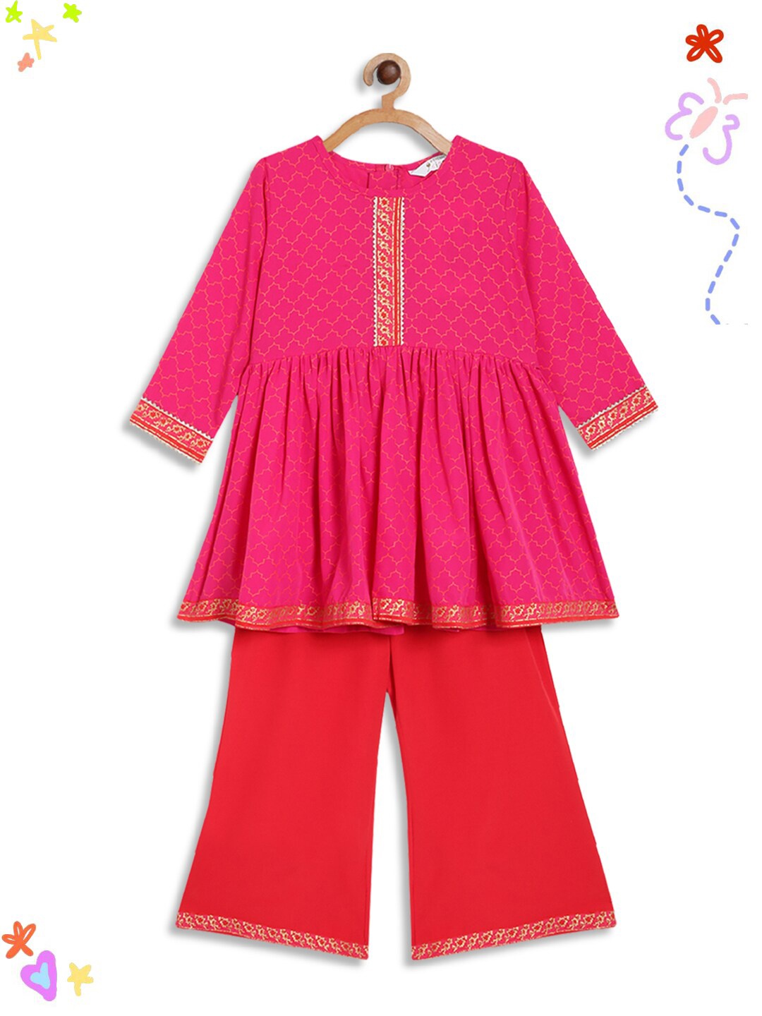 

AHALYAA KIDS Girls Round Neck Long Sleeves Tunic with Trousers, Pink