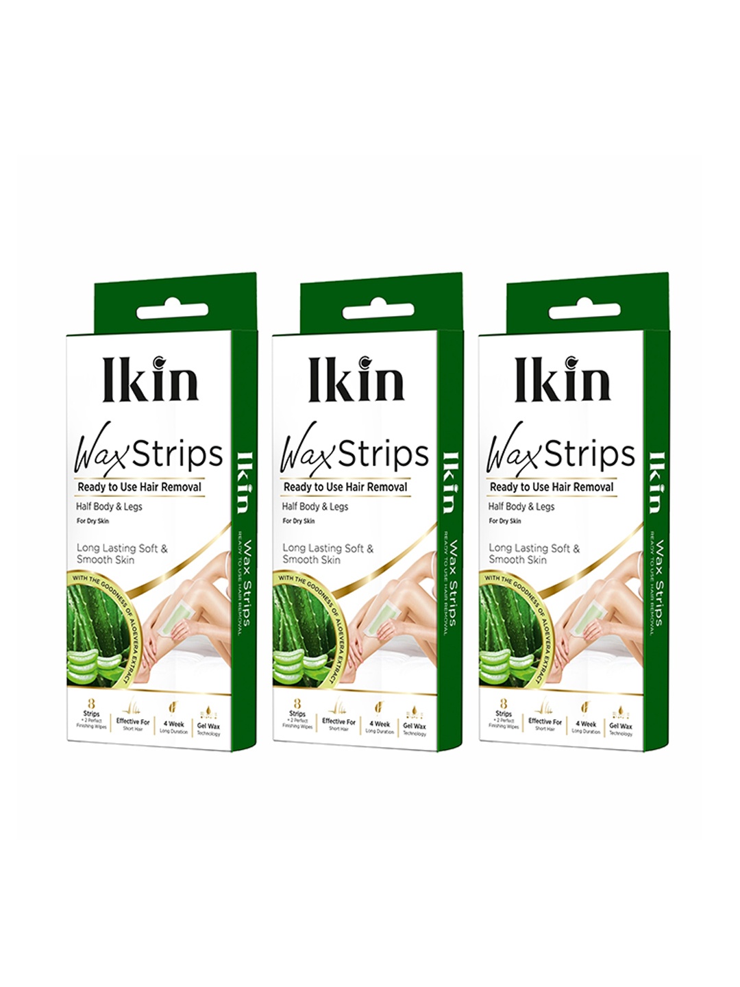 

Ikin Set of 3 Instant Wax Strips with Aloe Vera - 8 Strips with 2 Wet Wipes each, Green