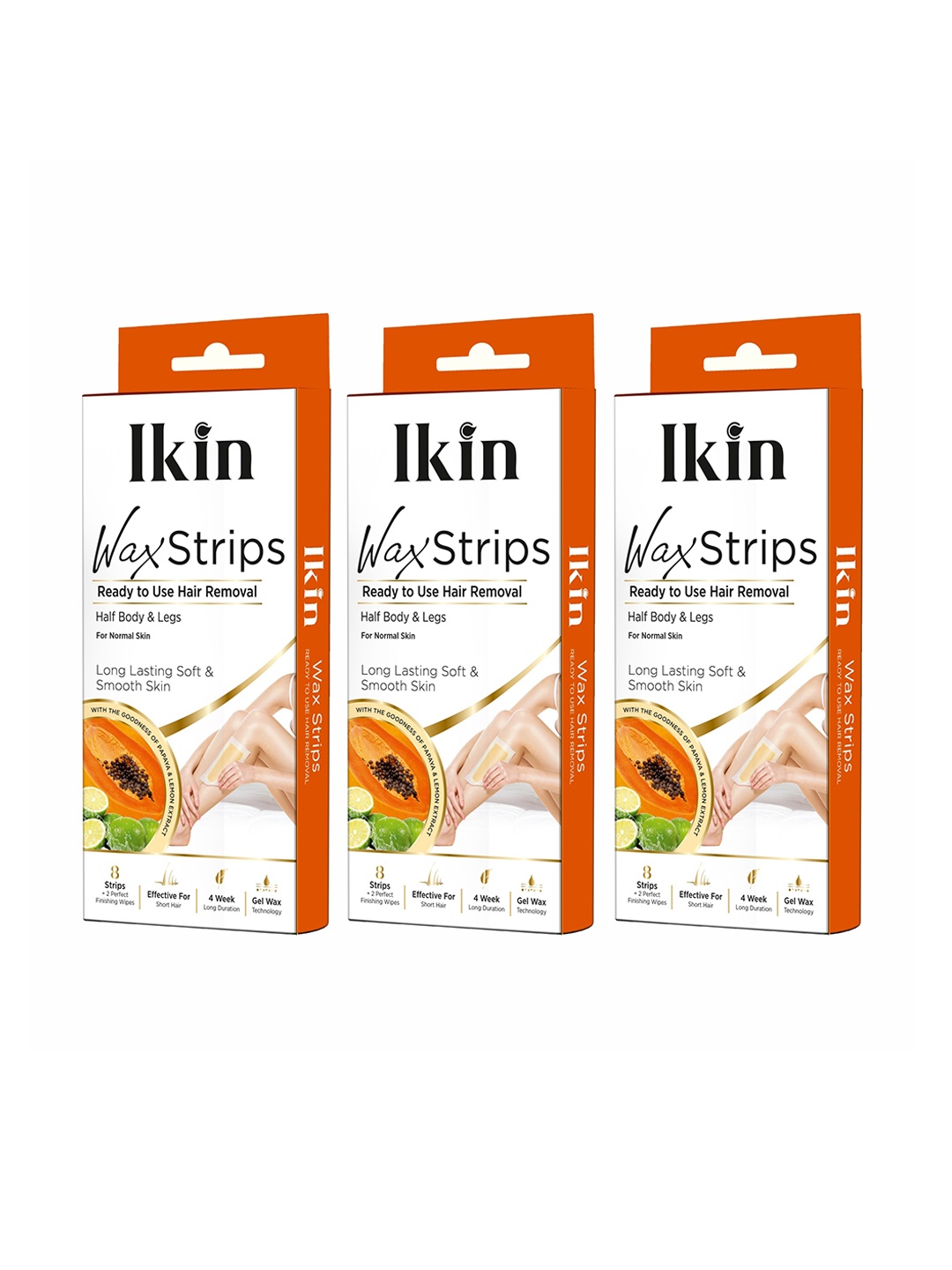 

Ikin Set of 3 Instant Wax Strips with Papaya & Lemon - 8 Strips with 2 Wet Wipes each, Orange