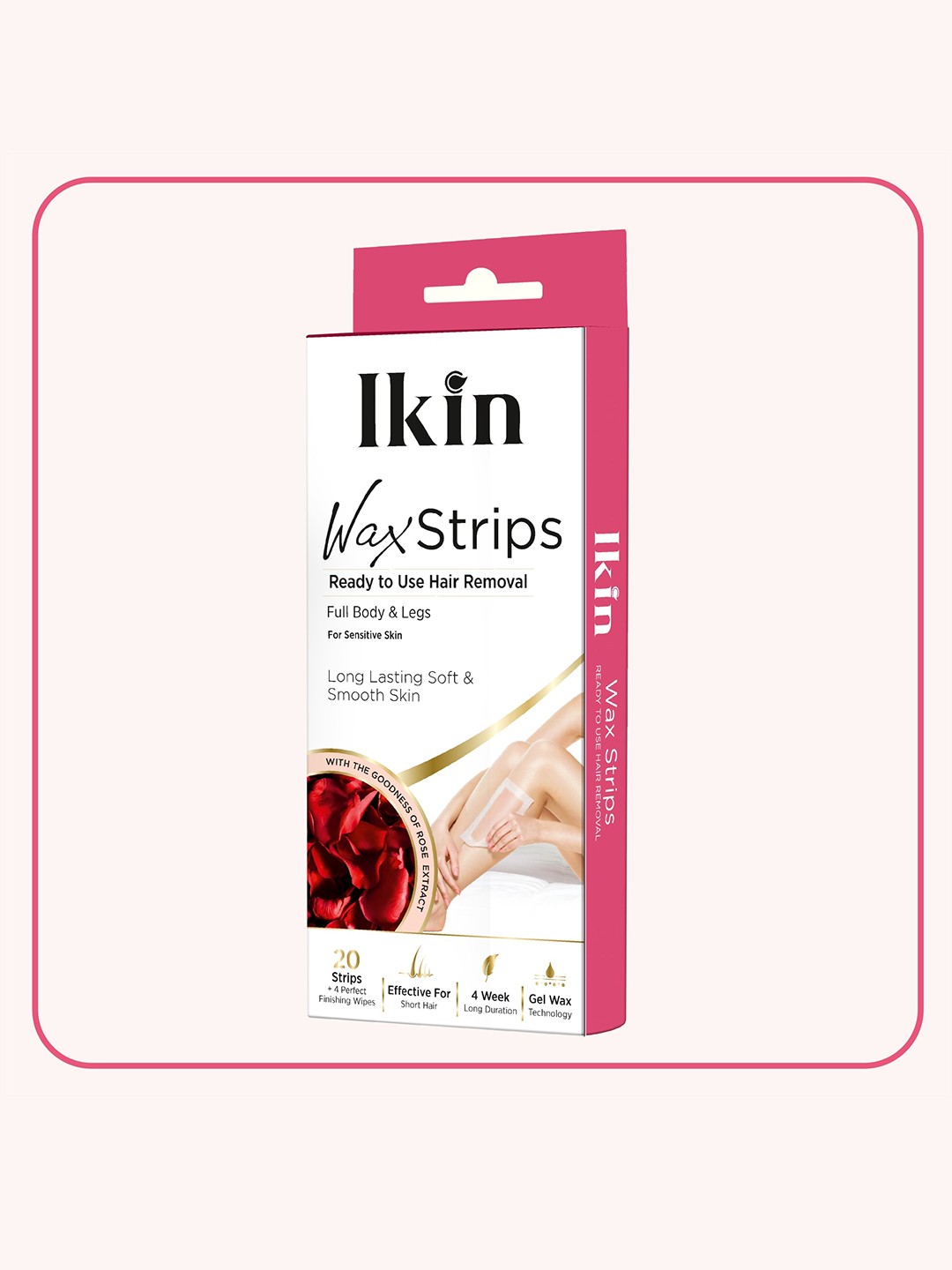

Ikin Instant Wax Strips with Rose Extract - 20 Strips with 4 Wet Wipes, Pink