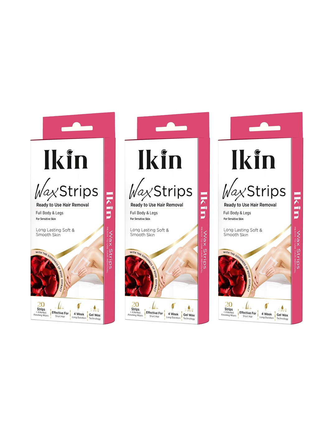 

Ikin Set of 3 Instant Wax Strips with Rose Extract - 20 Strips with 4 Wet Wipes each, Pink