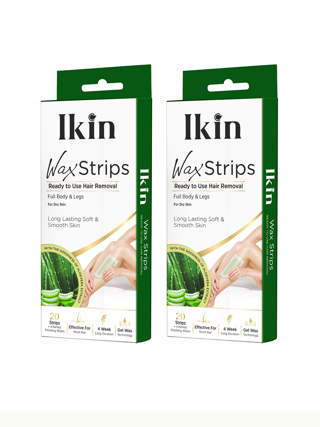 

Ikin Set of 2 Instant Wax Strips with Aloe Vera - 20 Strips with 4 Wet Wipes each, Green