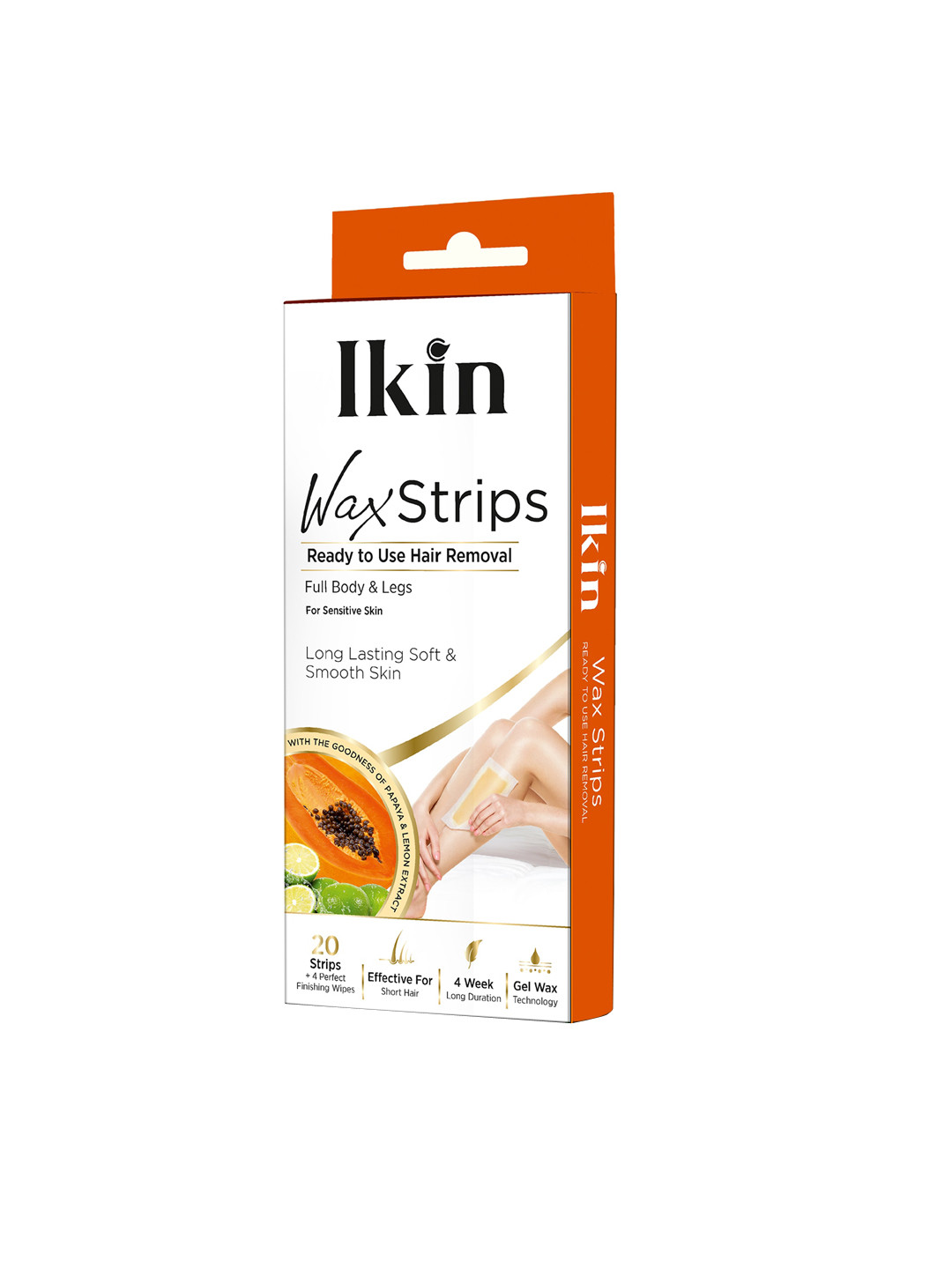 

Ikin Instant Wax Strips with Papaya & Lemon - 20 Strips with 4 Wet Wipes, Orange