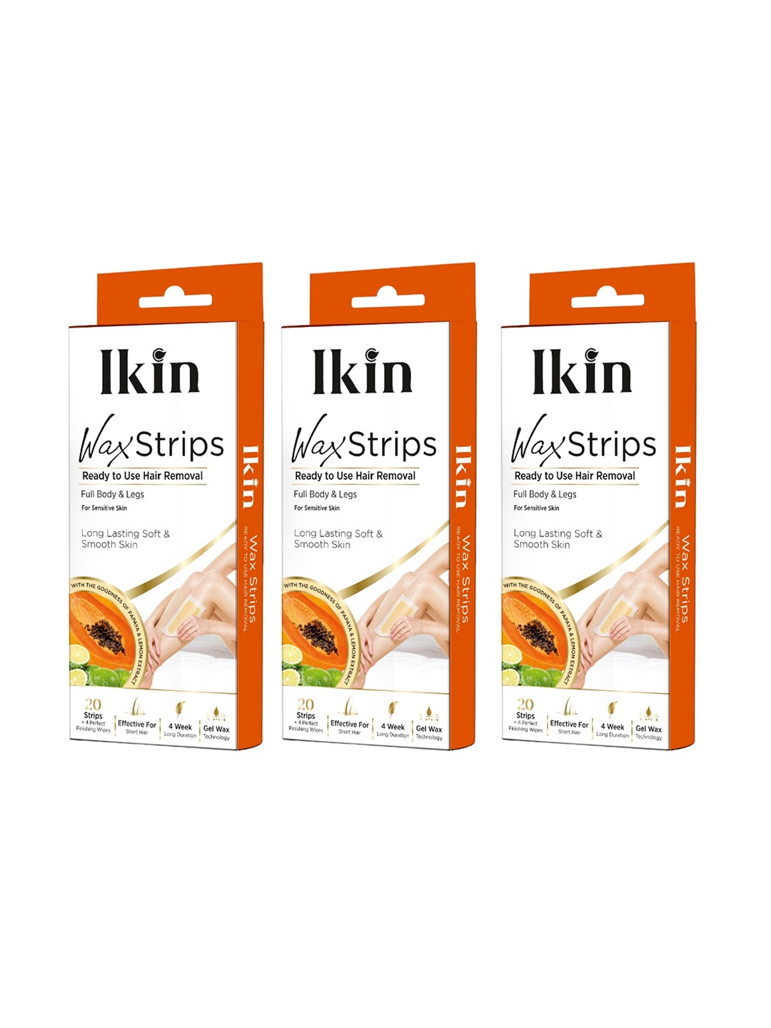 

Ikin Set of 3 Instant Wax Strips with Papaya & Lemon - 20 Strips with 4 Wet Wipes each, Orange