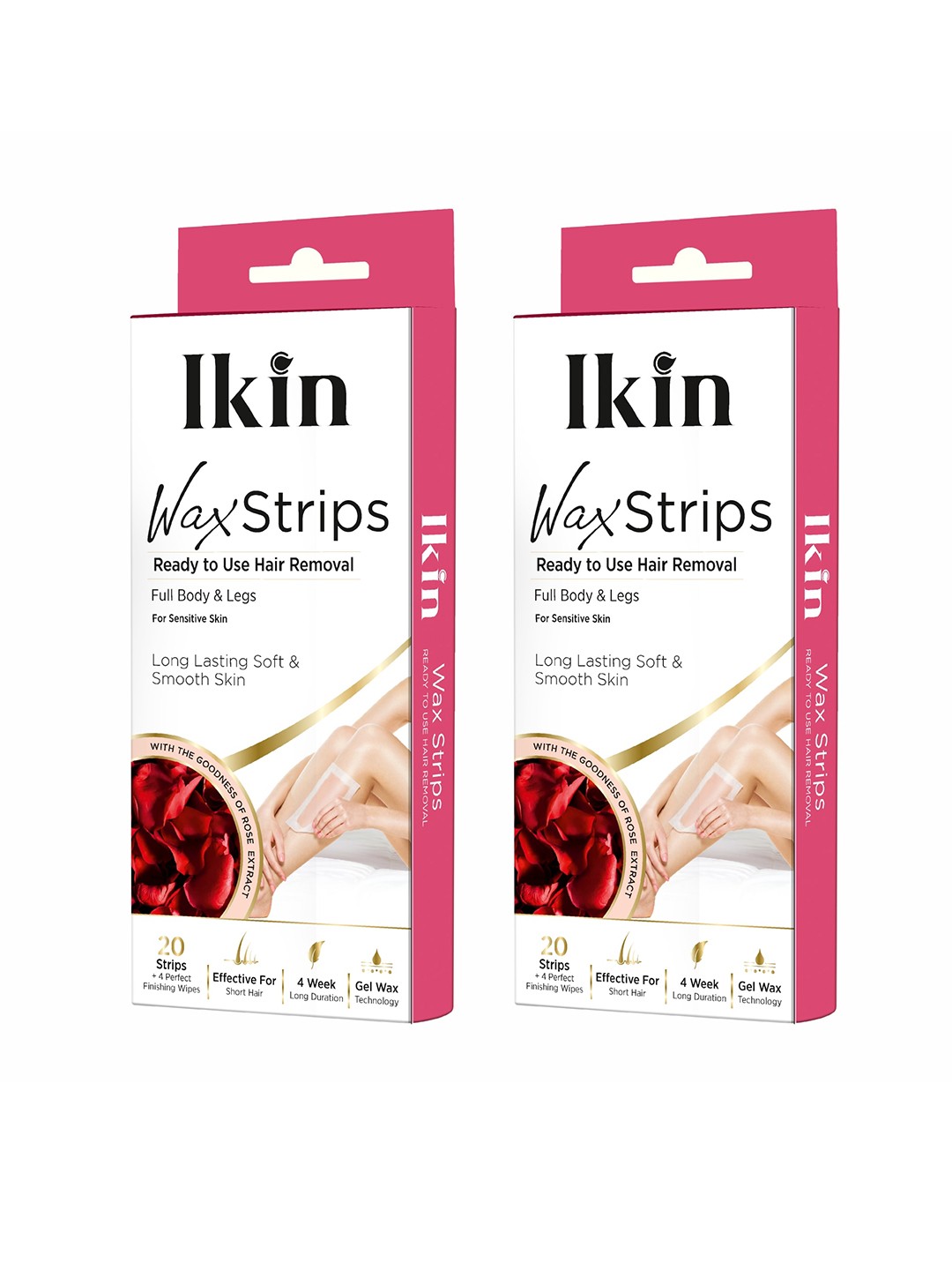 

Ikin Set of 2 Instant Wax Strips with Rose Extract - 20 Strips with 4 Wet Wipes each, Pink