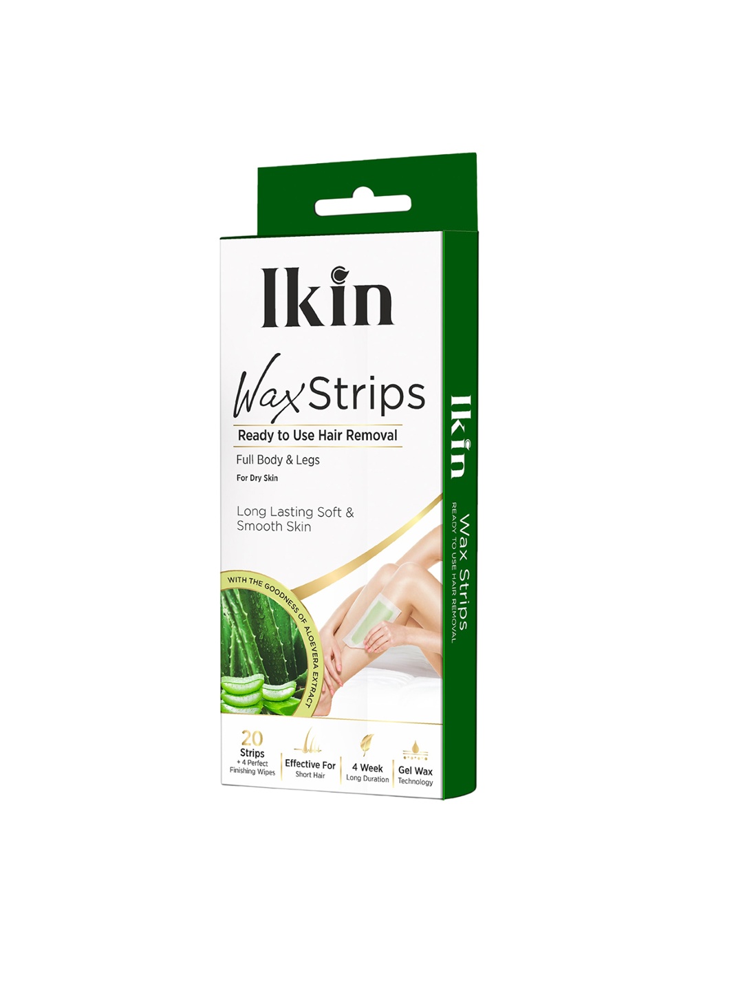 

Ikin Instant Wax Strips with Aloe Vera - 20 Strips with 4 Wet Wipes, Green